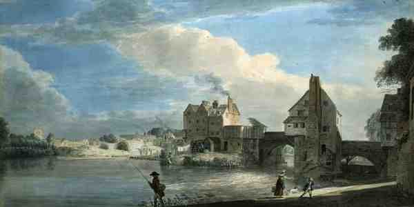 Den gamle bro ved Shrewsbury (akvarel på papir) af Paul Sandby