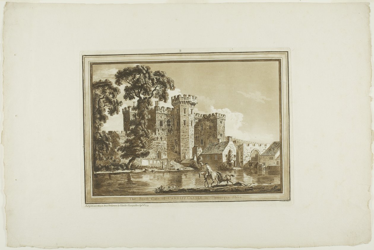 South Gate of Cardiff Castle i Glamorgan Shire, fra tolv udsigter i akvatinte fra tegninger taget på stedet i det sydlige Wales af Paul Sandby