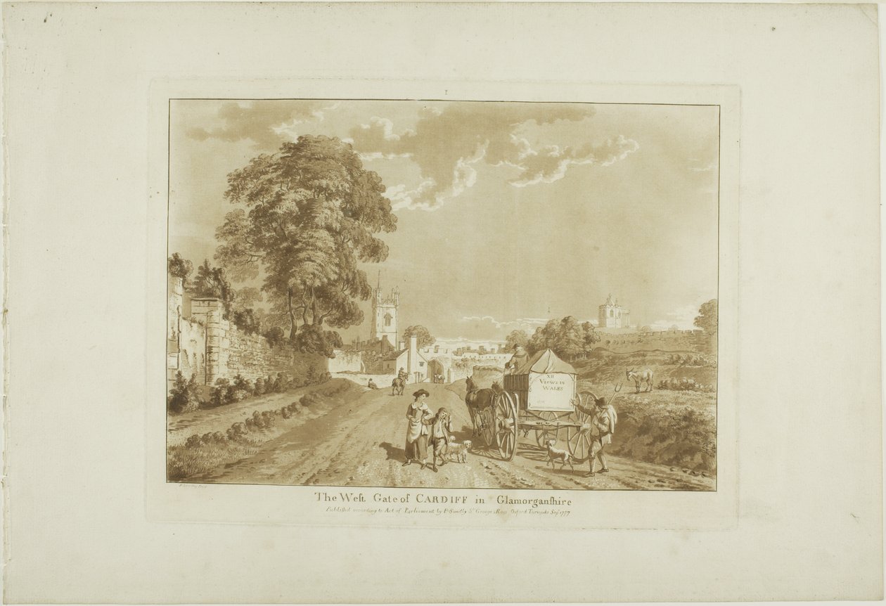 West Gate i Cardiff i Glamorshire, planche 1 fra Twelve Views in Wales af Paul Sandby