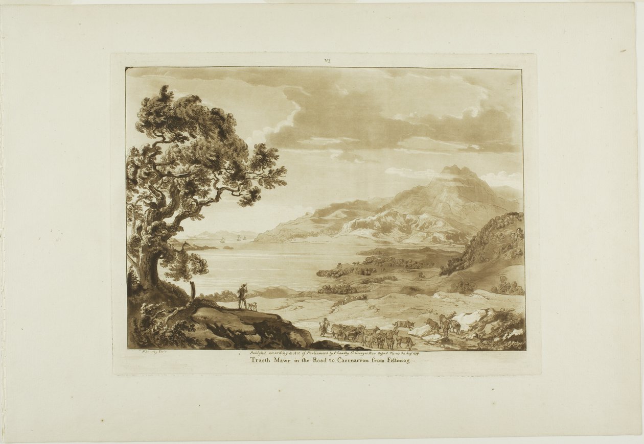 Traeth Mawr på vejen til Caernarvan fra Fistiniog, planche seks fra Twelve Views in Wales af Paul Sandby