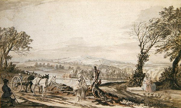 Rejsende hviler ved en vej over en floddal (blyant, pen og blæk, blækvask og akvarel på papir) af Paul Sandby