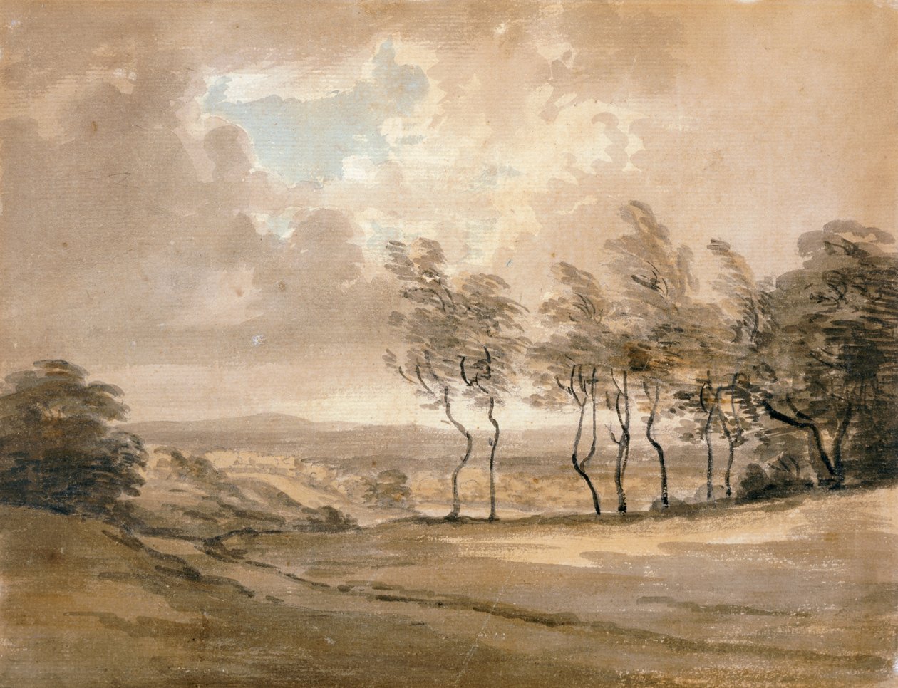 Udsigt over Hampstead Heath (akvarel på papir) af Paul Sandby