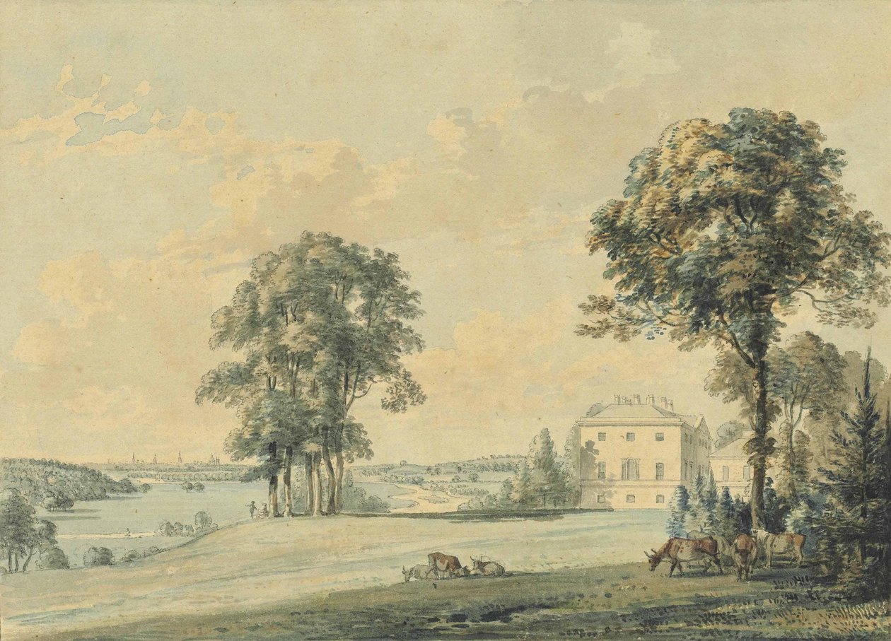 Udsigt over Nuneham House, Nuneham Courtenay, Oxfords spir hinsides af Paul Sandby