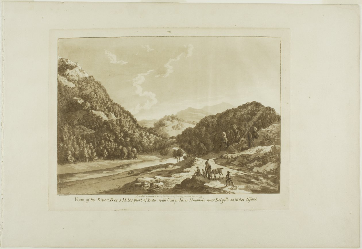 Udsigt over floden Dee 5 km fra Bala, med bjerget Cadar-Idris nær Dolgelli 30 km væk, planche ni fra Twelve Views in Wales af Paul Sandby