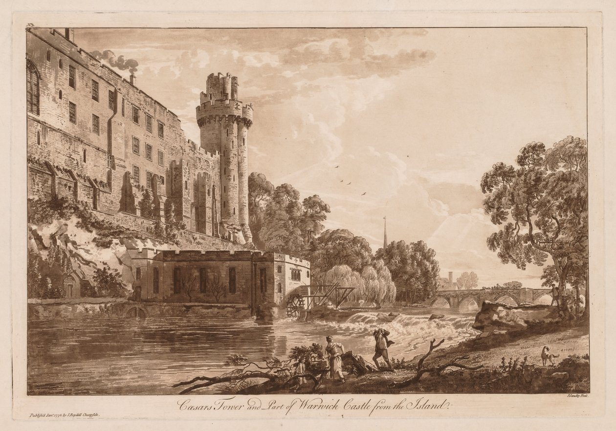 Udsigt over Warwick Castle: Caesars ejer og en del af Warwick Castle fra øen af Paul Sandby