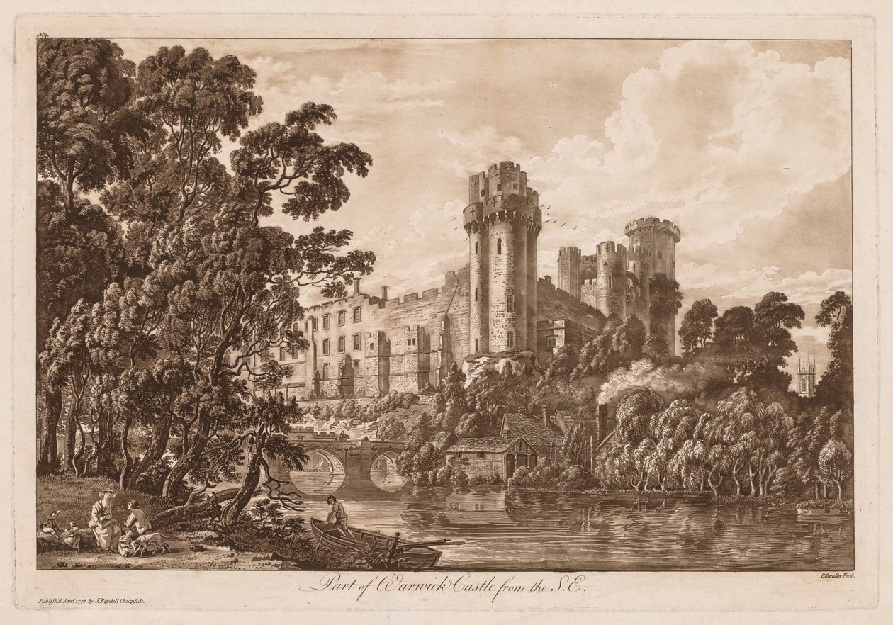 Udsigt over Warwick Castle: En del af Warwick Castle fra sydøst af Paul Sandby