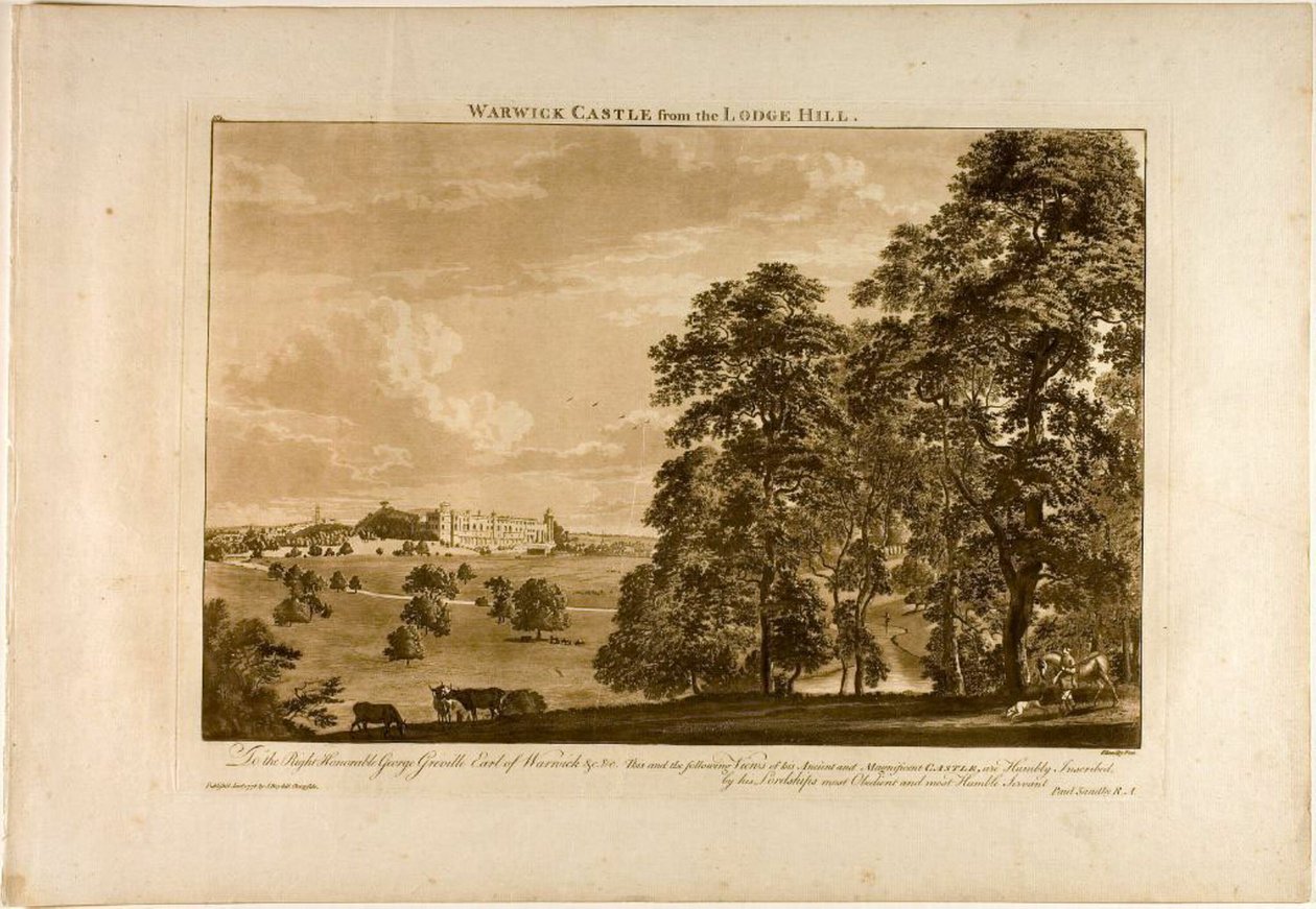 Warwick Castle fra Lodge Hill, plade 1 af Paul Sandby
