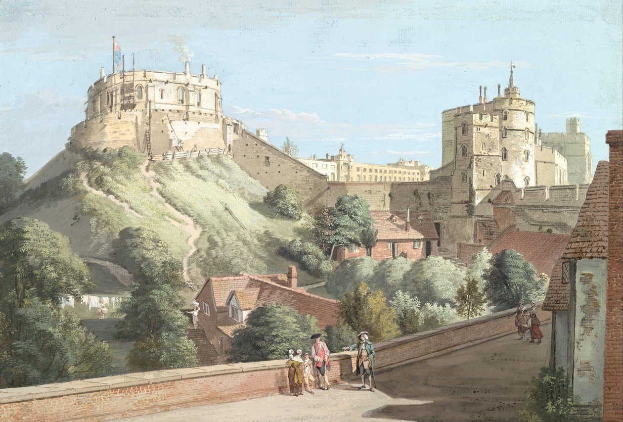 Windsor Castle: Det Runde Tårn, Den Kongelige Gård og Djævlens Tårn set fra Den Sorte Stav af Paul Sandby