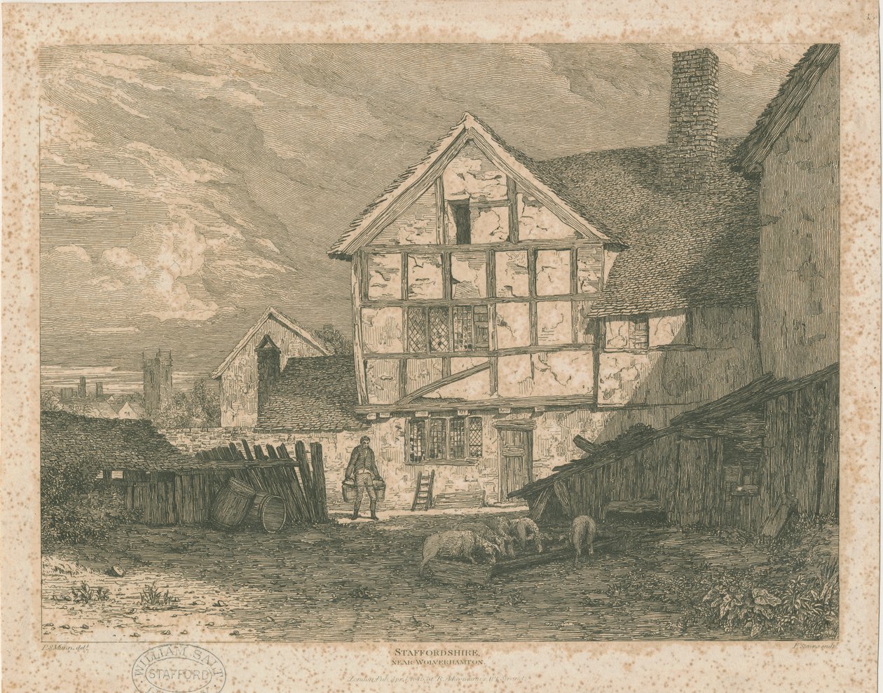 Wolverhampton - Ruiner af et bindingsværkshus: stålgravering, nd [c 1815] af Paul Sandby Munn