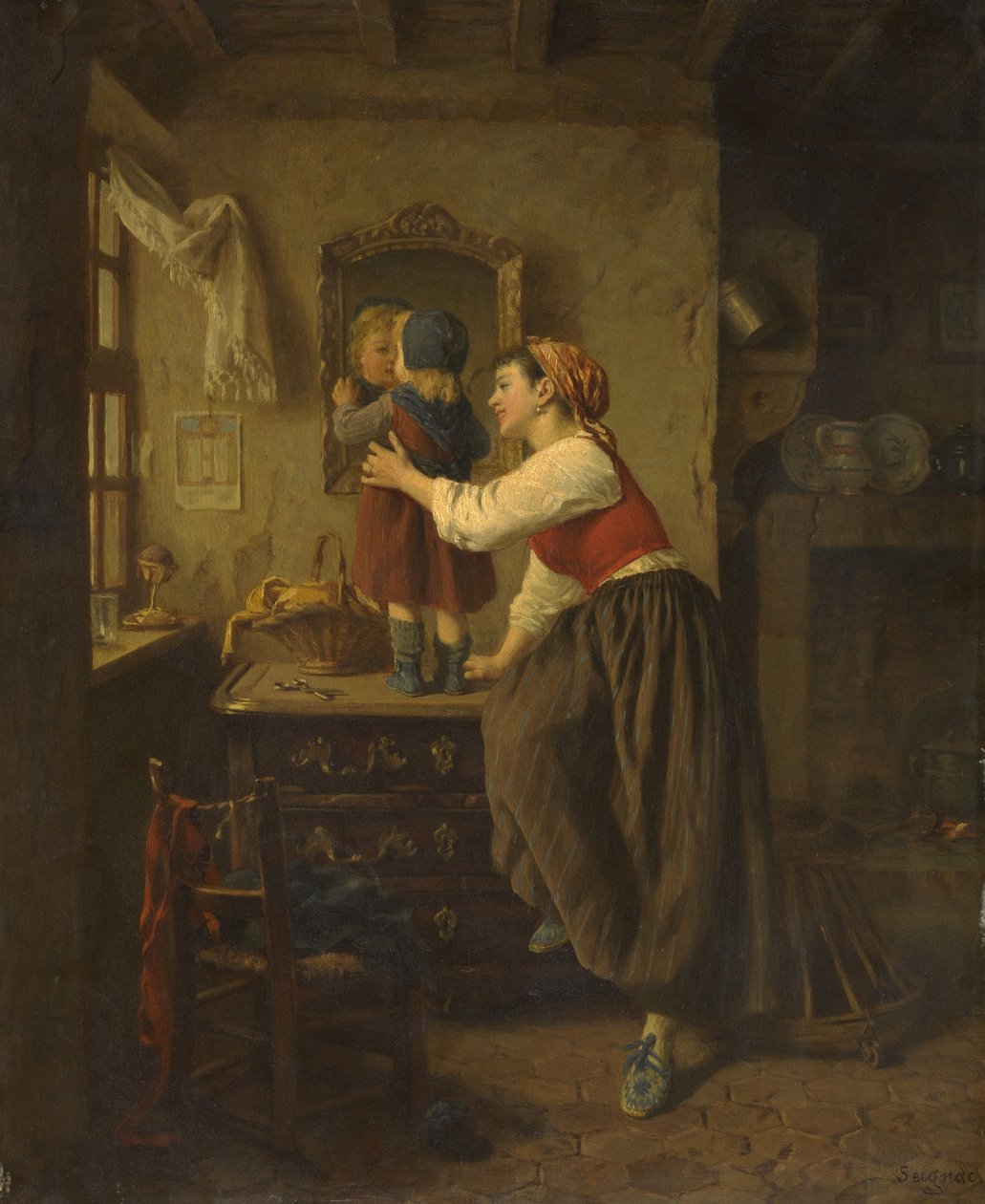 Kvinde og barn foran et spejl, 1870