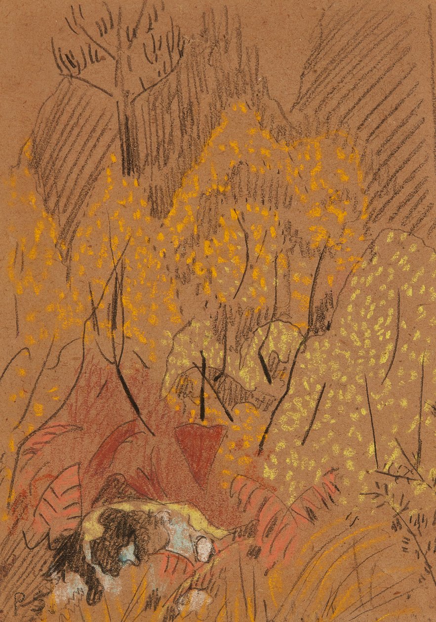 Efterårslandskab med sort og hvid sten, Pont Aven (pastel på brunt papir) af Paul Sérusier