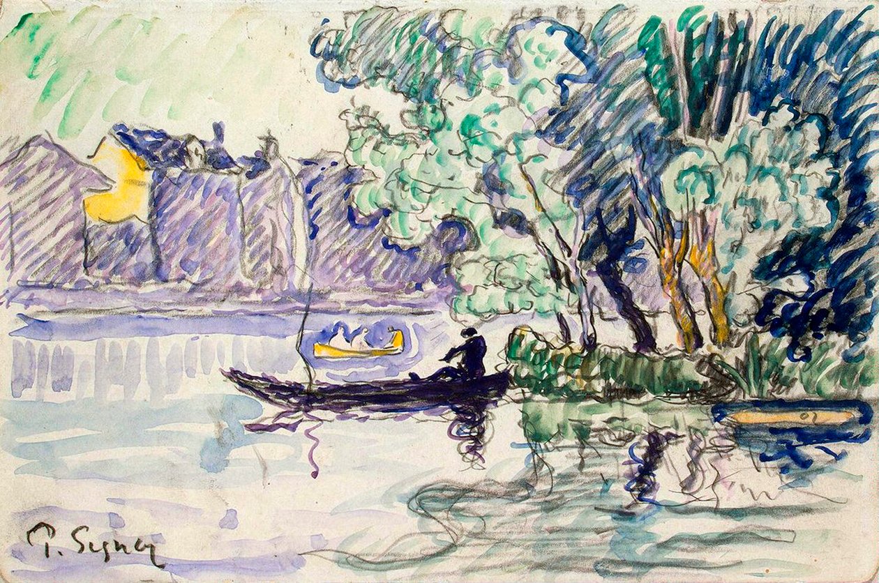 Fisker i en båd i nærheden af en Seine-bank, c1900 af Paul Signac