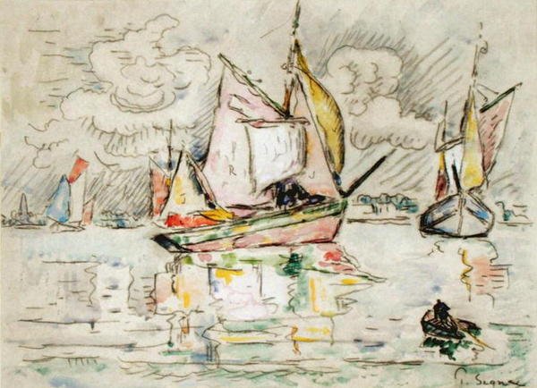 Fiskerbåde (kul, akvarel og gouache på papir) af Paul Signac