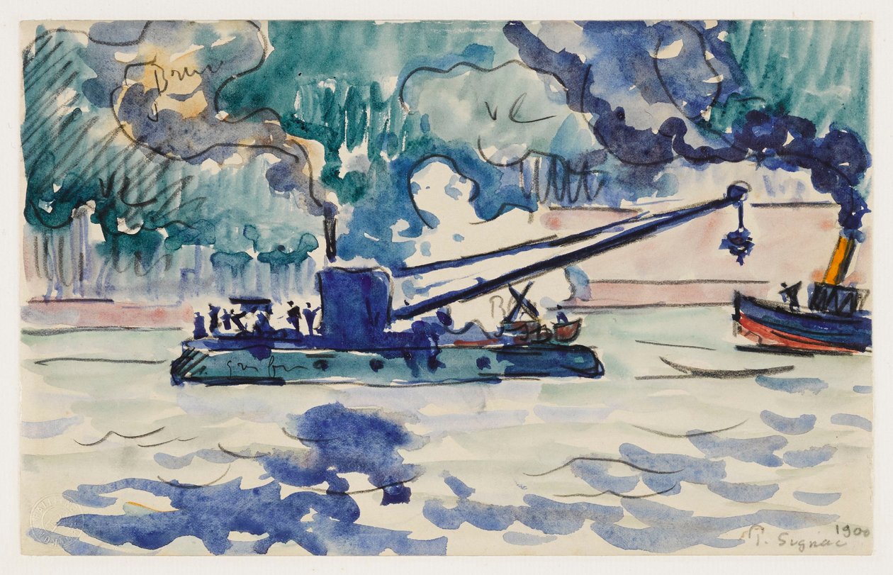 Flydende kran og slæbebåd af Paul Signac