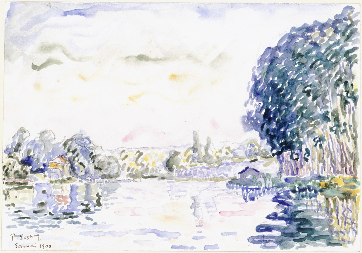Flodlandskab med et hus og træer af Paul Signac