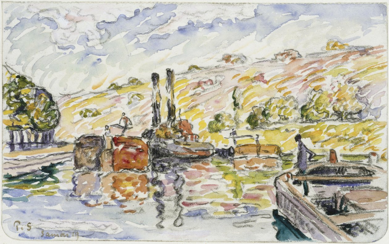 Flodlandskab med slæbebåde og pramme af Paul Signac