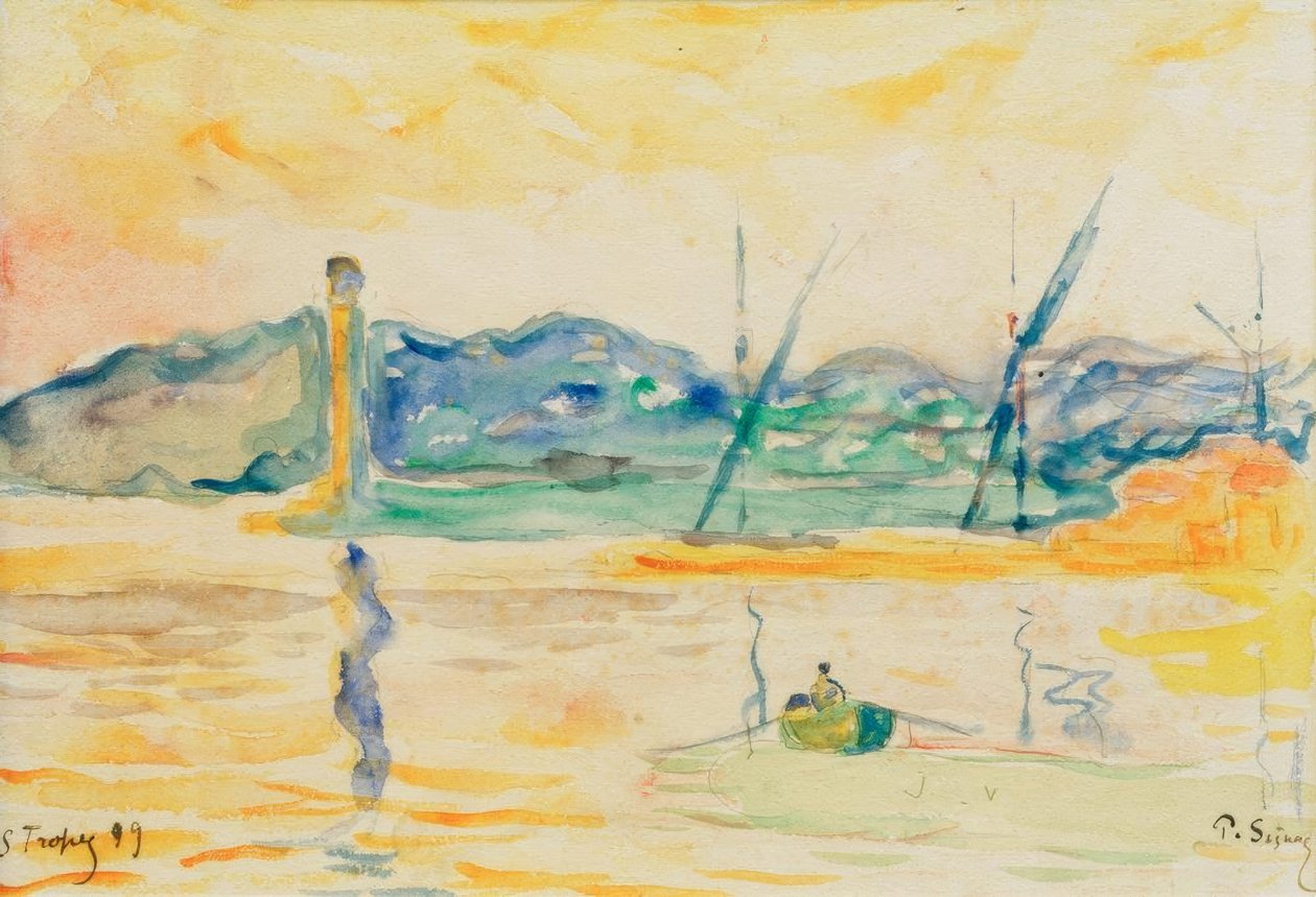 Indgang til havnen i Saint-Tropez ved solnedgang af Paul Signac