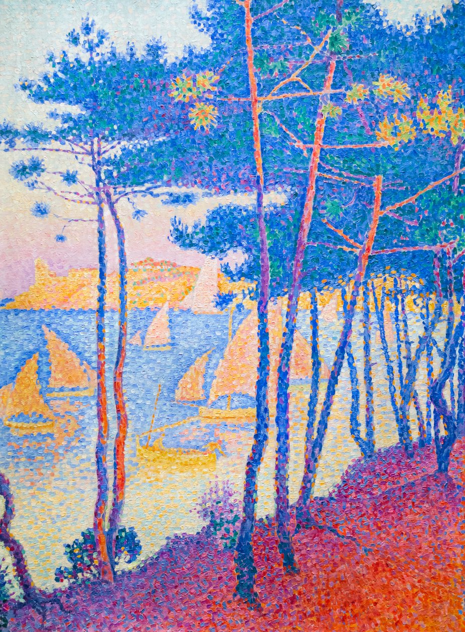 Sejlbåde og fyrretræer, ca. 1896 (olie på lærred) af Paul Signac