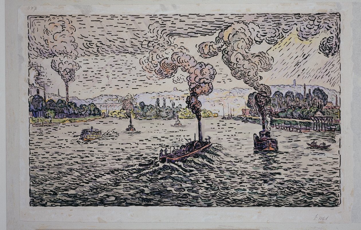 Seinen med dampskibe af Paul Signac