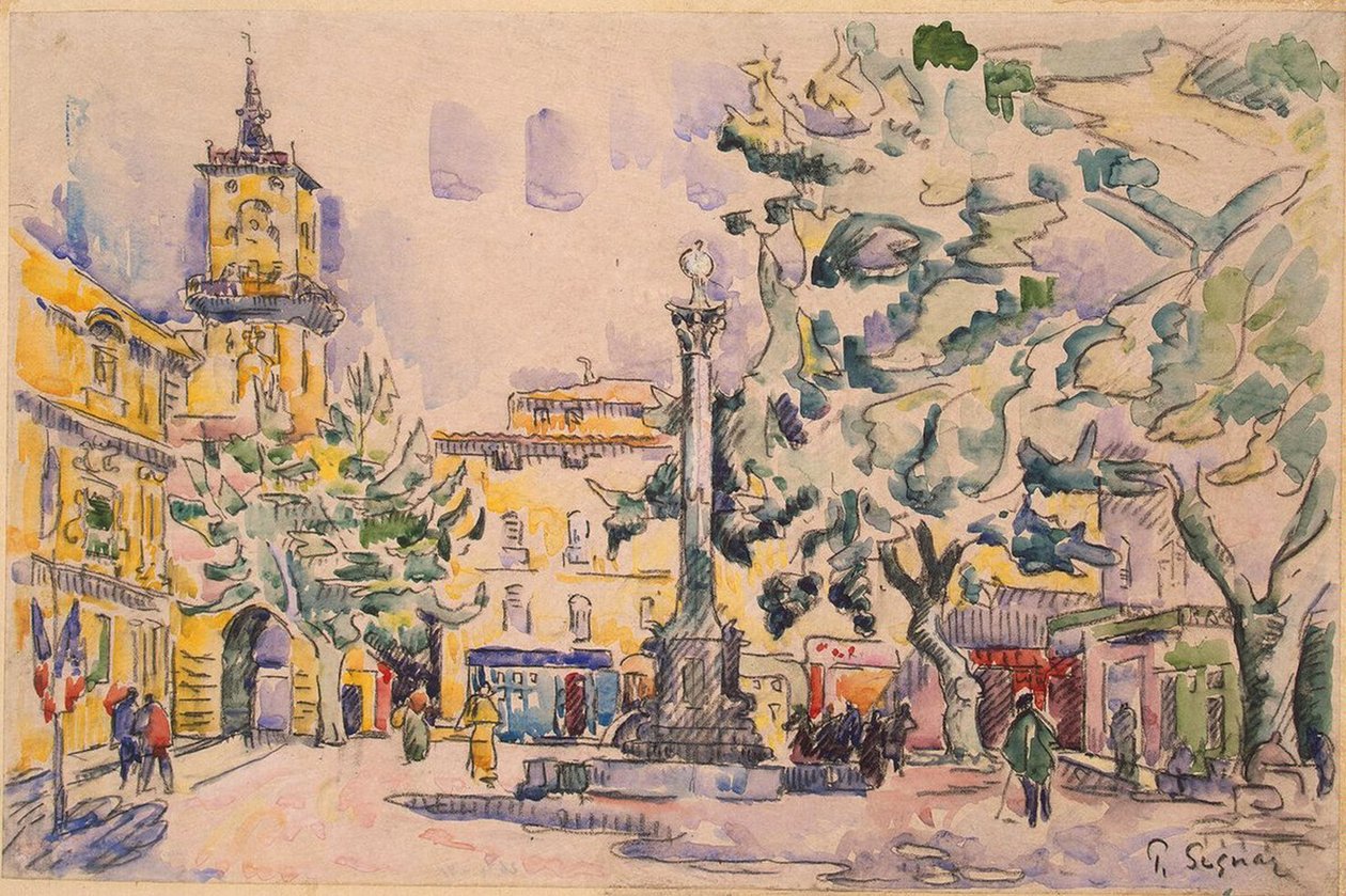 Pladsen på Hotel de Ville i Aix-en-Provence (pen og blæk med akvarel og gouache på papir) af Paul Signac