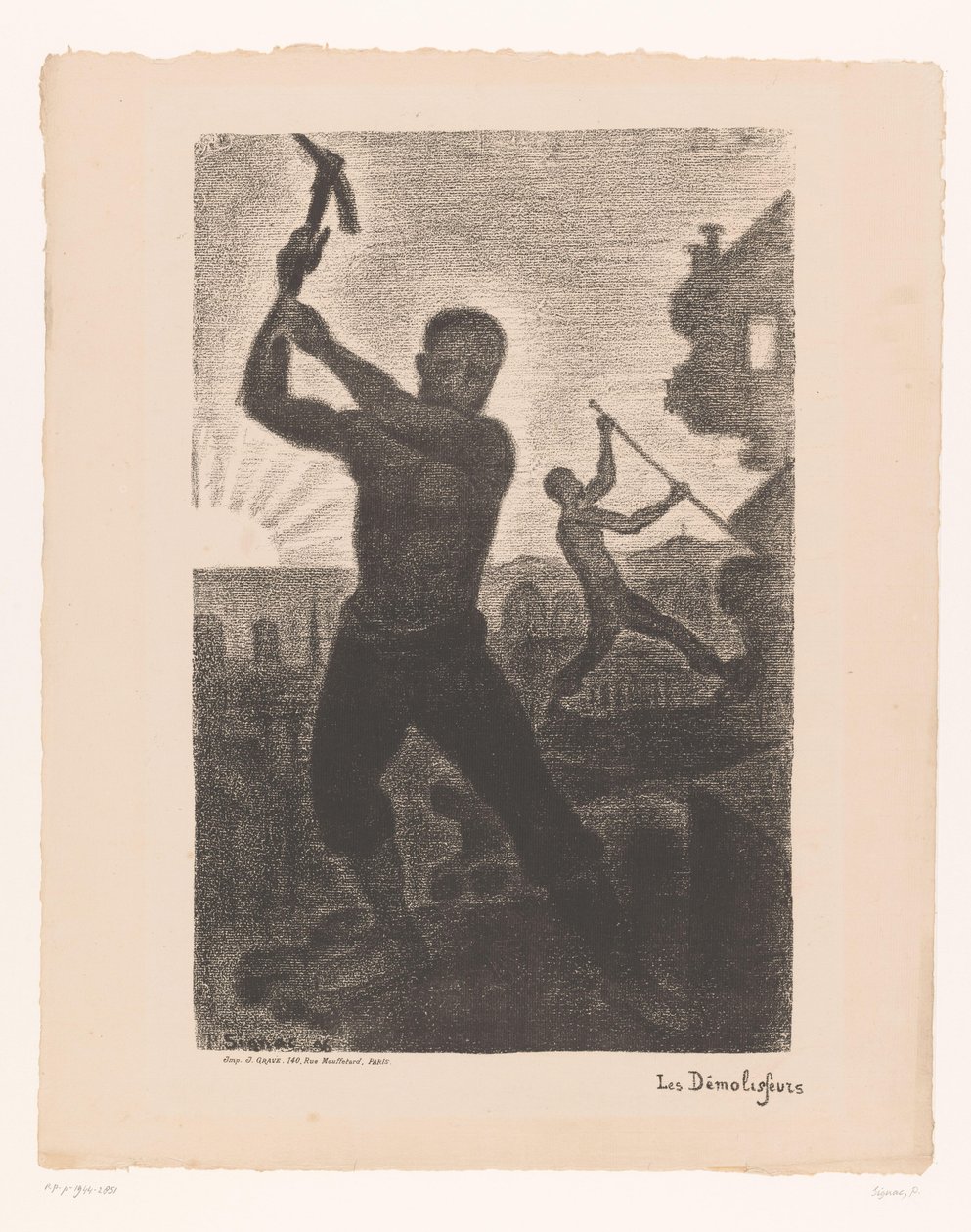 To mænd river en bygning ned Les demolisseurs (titel på objekt) af Paul Signac