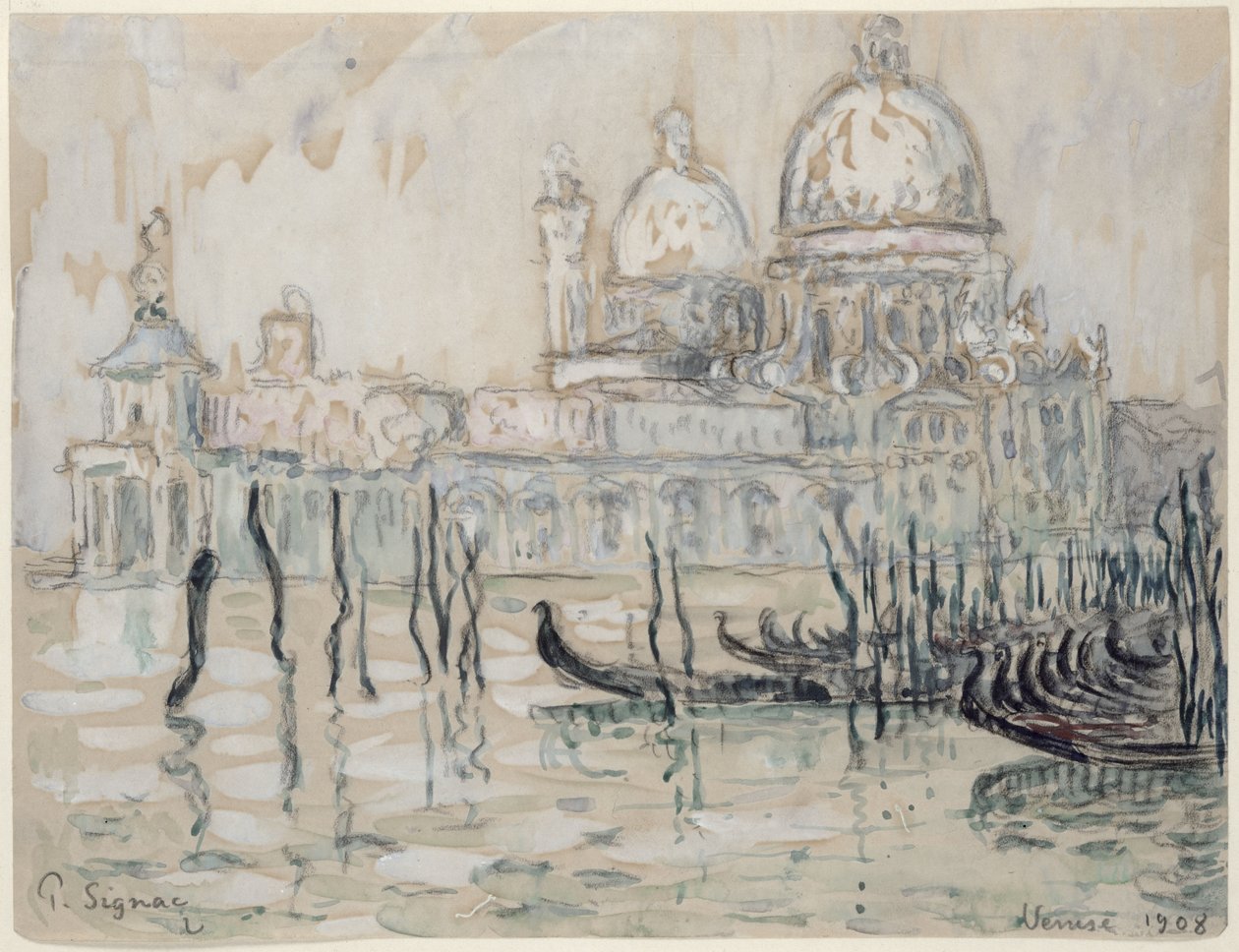 Venedig eller Gondolerne, 1908 (sort kridt og wc på papir) af Paul Signac