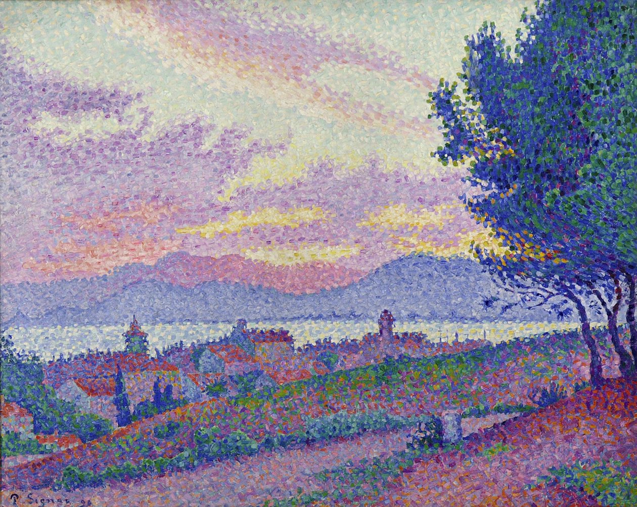 Udsigt over Saint-Tropez, solnedgang over fyrreskove, 1896. af Paul Signac