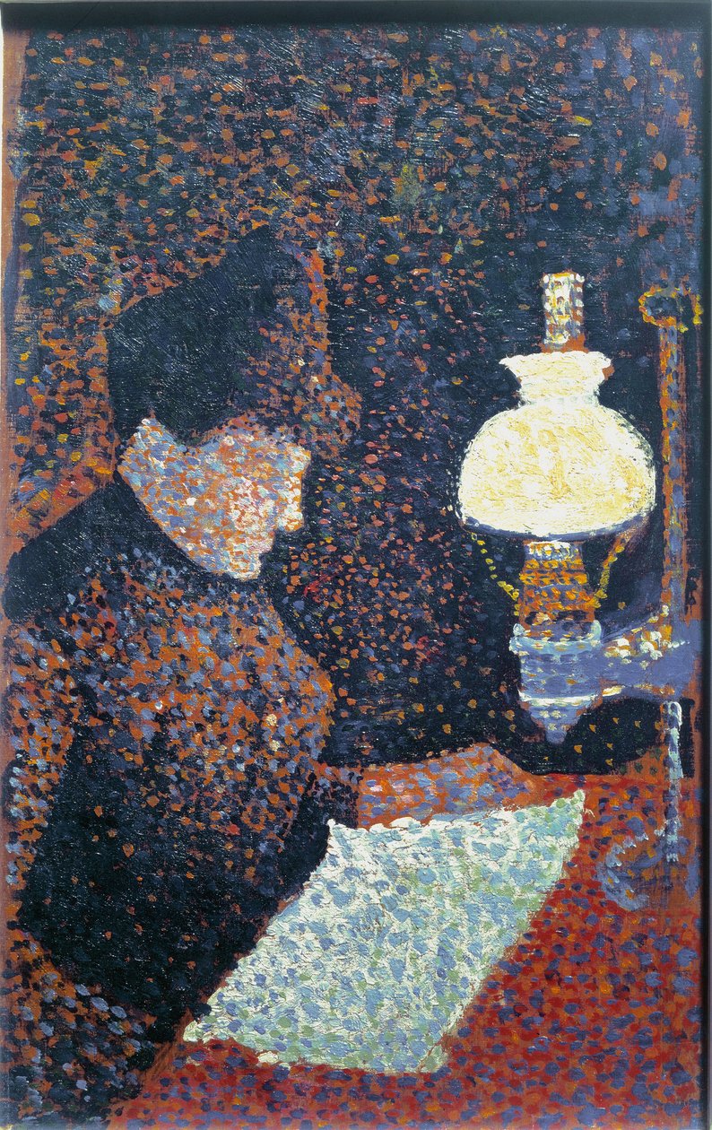 Kvinde under lampen - olie på lærred af Paul Signac