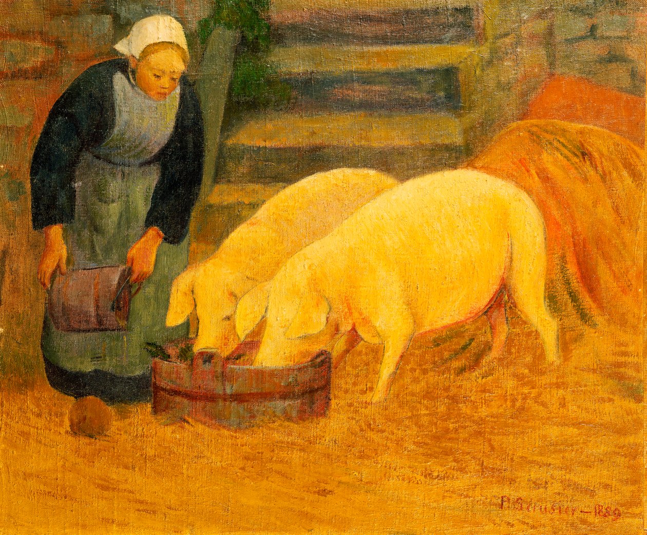 En ung pige fodrer to grise, 1889 af Paul Sérusier