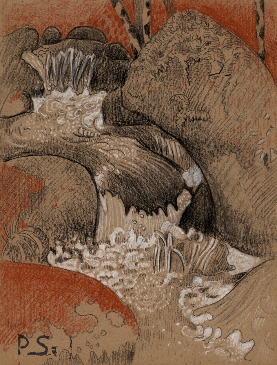 Rocks of Huelgoat, ca. 1892 (trækul, rød- og hvidkridt) af Paul Sérusier