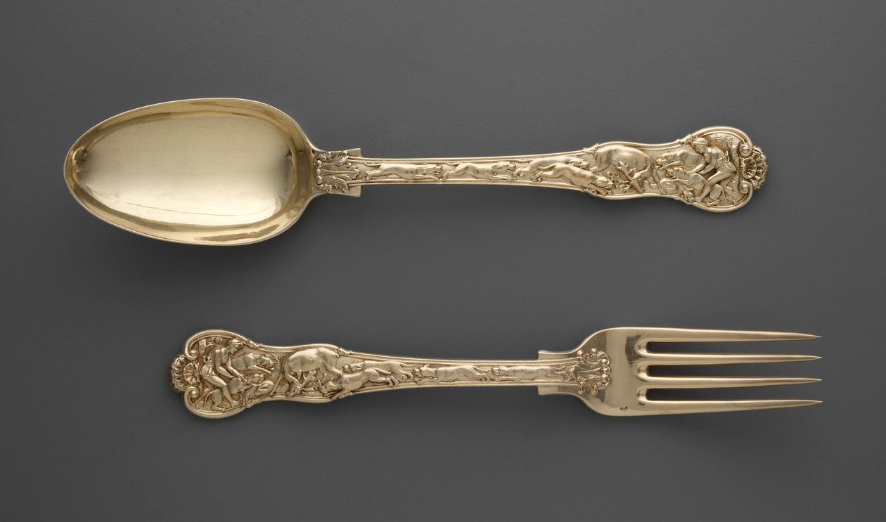 Dessertgaffel med jagtscener og dessertske med jagtscener, ca. 1822 af Paul Storr