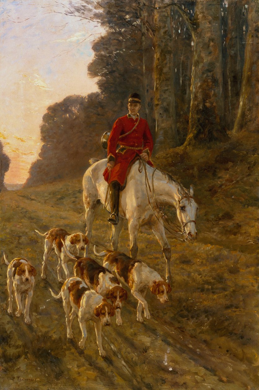 En jæger med sine hunde (olie på lærred) af Paul Tavernier