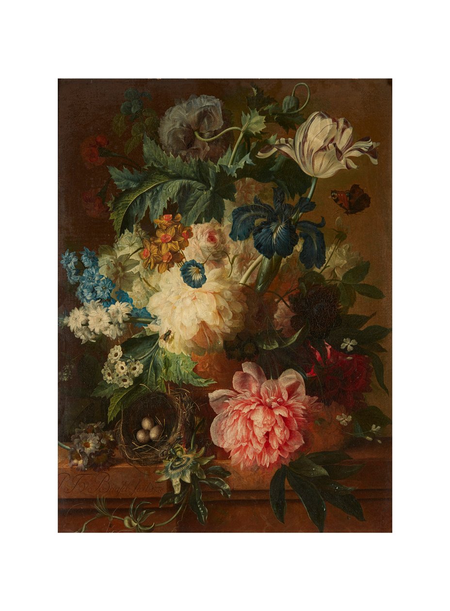 Stilleben af forårsblomster i en urne med fod (olie på lærred) af Paul Theodor van Brussel