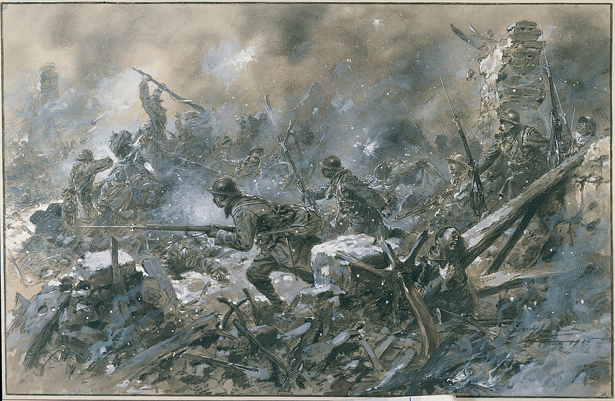 Første Verdenskrig (1914-1918): "" Et modangreb i landsbyen Vaux i 1916 på forsiden af Verdun""" Akvarel af Paul Thiriat Paris. Musee, Des deux guerre mondiale DR - Fransk modangreb ved landsbyen Vaux nær Verdun af Paul Thiriat