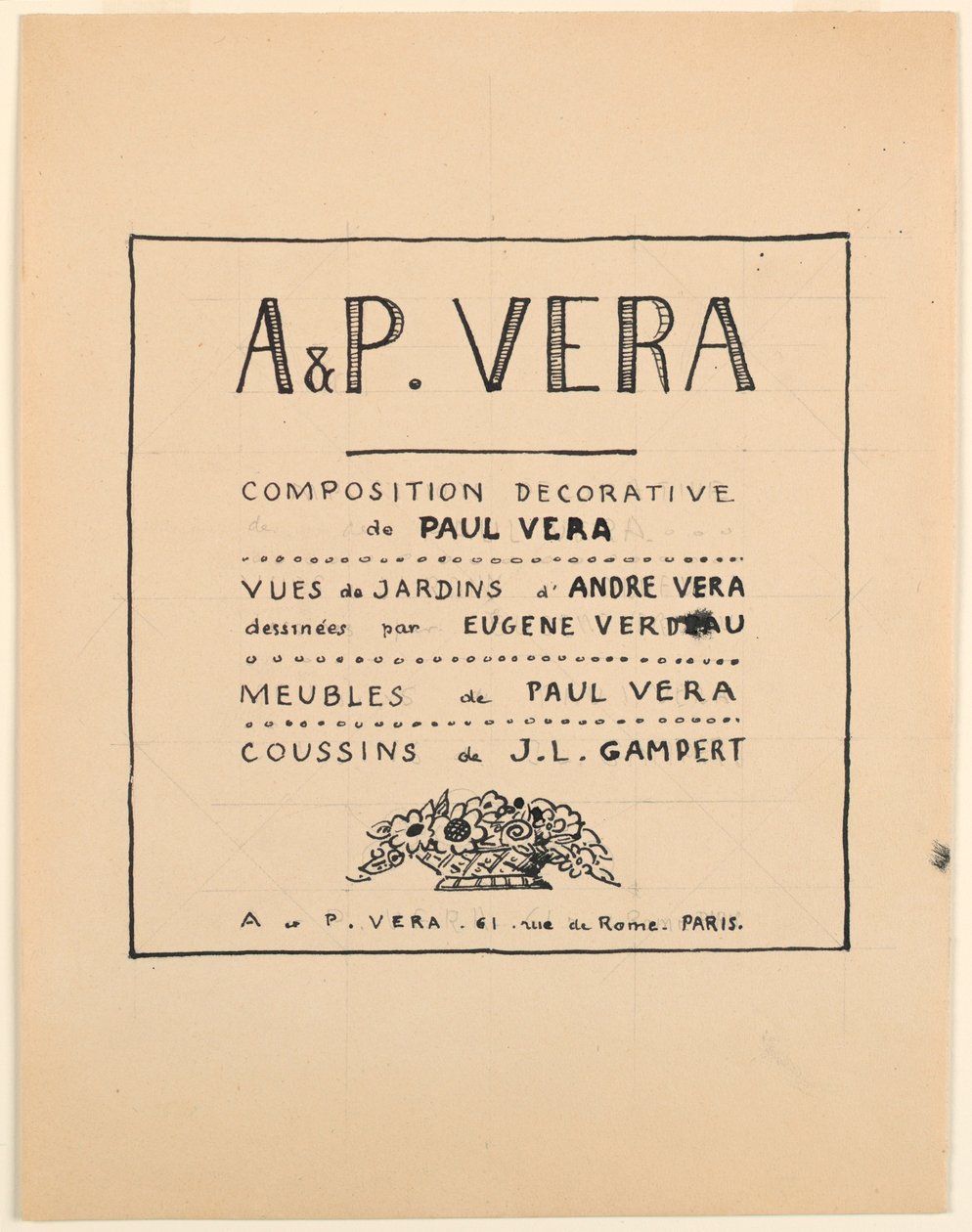 Tegning, Titelside, A & P Vera, Dekorativ komposition af Paul Vera / Udsigt over André Veras haver tegnet af Eugène Verdeau / Møbler af Paul Vera / Puder af J. L. Gampert, 1912–19 af Paul Vera