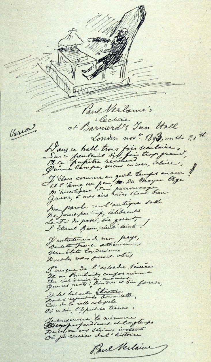 Digttegn af den franske digter Paul Verlaine (1844-1896) med skitse af repræsentanten under en oplæsning. 21/11/1893 af Paul Verlaine