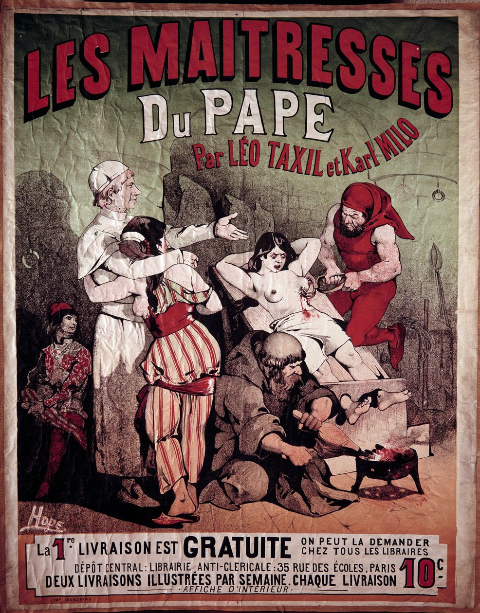 Plakat for "The Maitresses of the Pope" af Leo Taxil (1854-1907) og Karl Milo, antiklerical bog fra 1884. En kvinde er repræsenteret tortureret på søjlen, en bøddel gennemborer hendes bryst. Illustration af Hode, 20. århundrede. Privat samling af Paul Verlaine