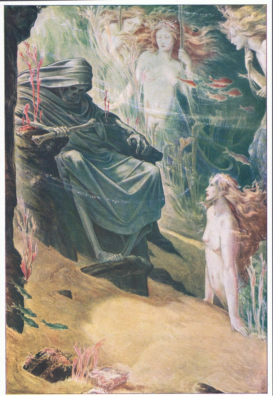 Fuldfavne fem din far lyver: af hans knogler er koraller lavet, illustration fra The Tempest, 1908 af Paul Vincent Woodroffe