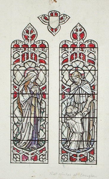 Vinduesdesign, der forestiller St. Mary Magdalene og Kristus med St. Peter for Claverton Parish Church af Paul Vincent Woodroffe