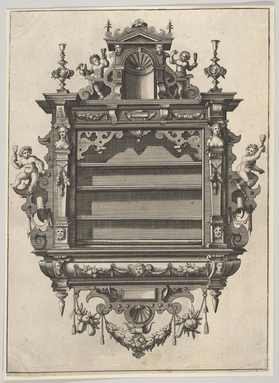 Vægmonteret hylde fra Verscheyden Schrynwerck ... [Plusieurs Menuiseries ...], 1658. af Paul Vredeman de Vries