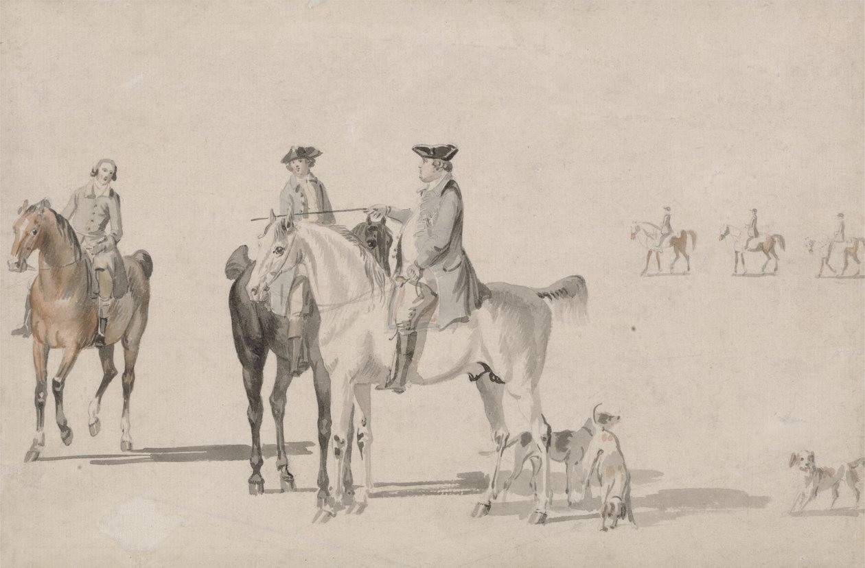 Hertugen af Cumberland med en gentleman og en brudgom, alle beredne og hunde (blyant og akvarel på papir) af Paul and Thomas  Sandby