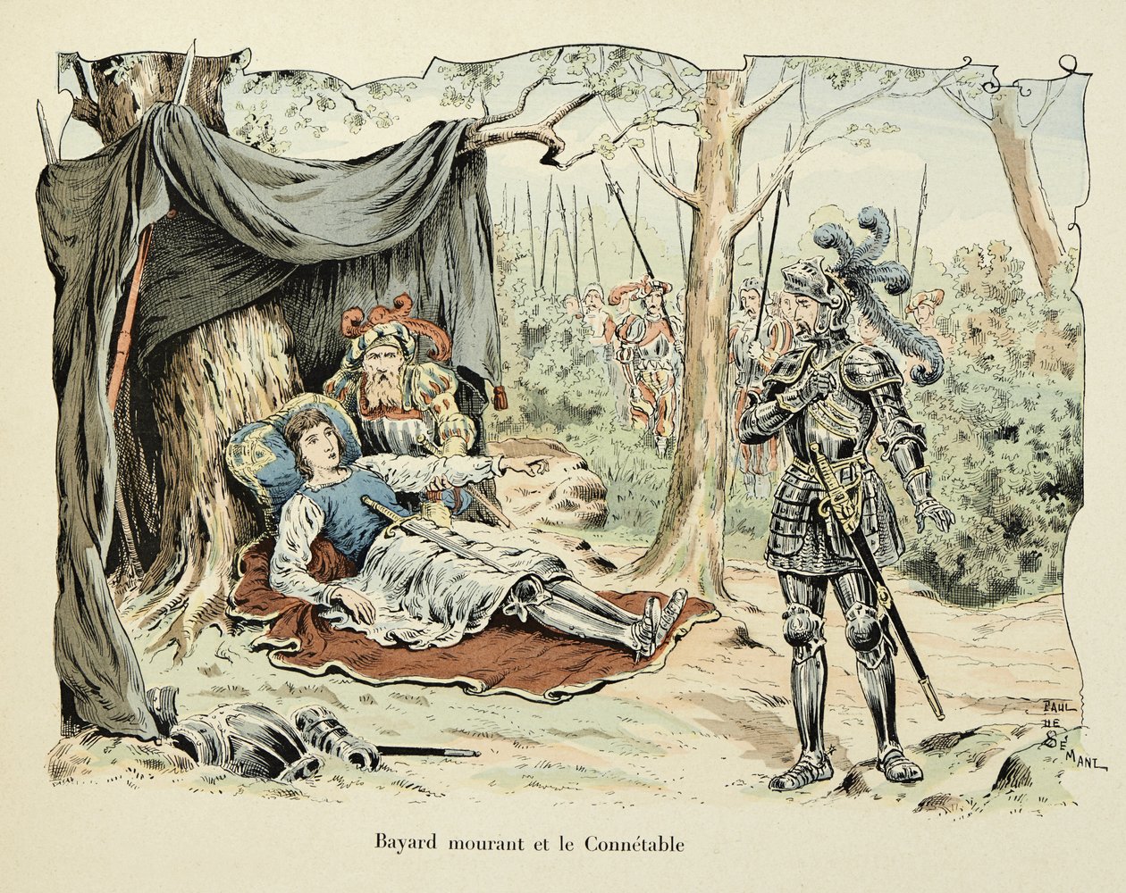 Illustration taget fra bogen "Histoire du chevalier Bayard" af Theodore Cahu, illustreret af Paul De Semant (1855-1915): Bayard dying and Le Connetable de Bourbon 1524 af Paul de Semant