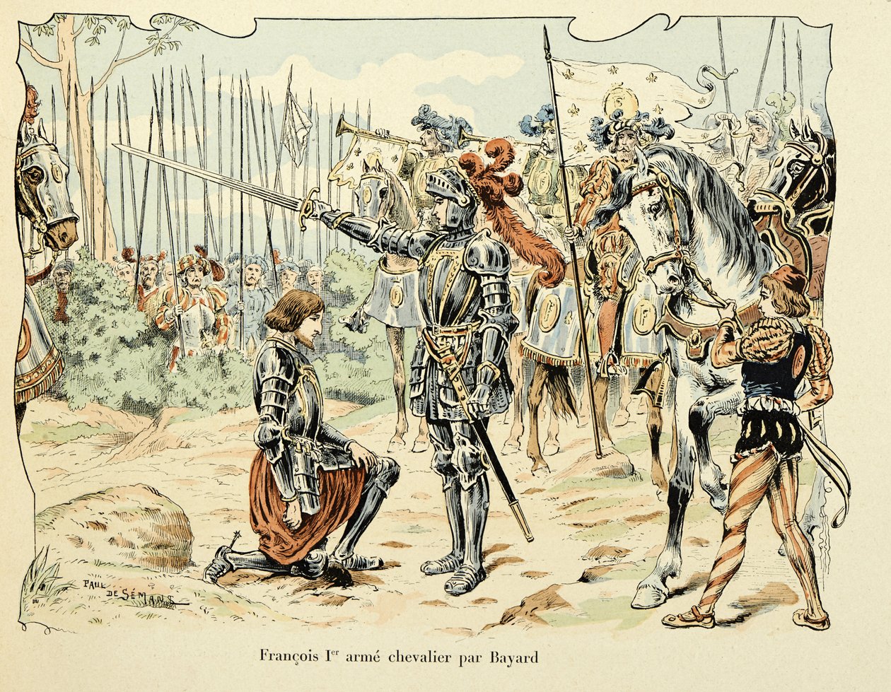 Illustration taget fra bogen "Histoire du chevalier Bayard" af Theodore Cahu, illustreret af Paul De Semant (1855-1915): Francois 1, er arme chevalier par Bayard 1515 af Paul de Semant