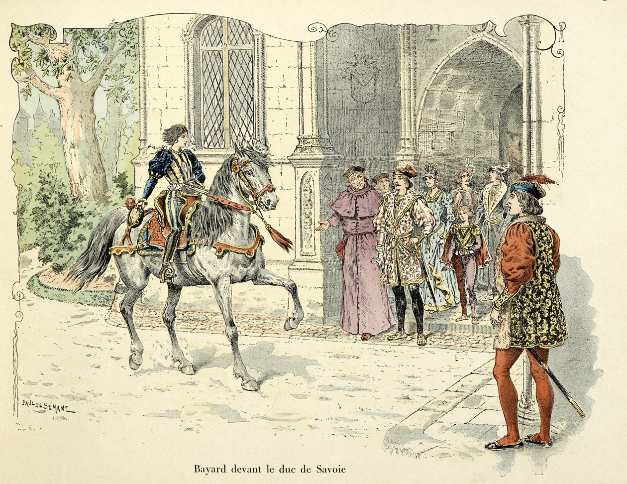 Illustration taget fra bogen "Histoire du chevalier Bayard" af Theodore Cahu, illustreret af Paul De Semant (1855-1915): Bayard 11 år før hertugen af Savoyen 1486 af Paul de Semant