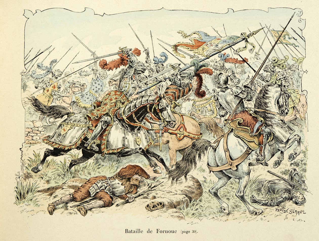 Illustration taget fra bogen "Histoire du chevalier Bayard" af Theodore Cahu, illustreret af Paul De Semant (1855-1915): Slaget ved Fornoua 1495 af Paul de Semant