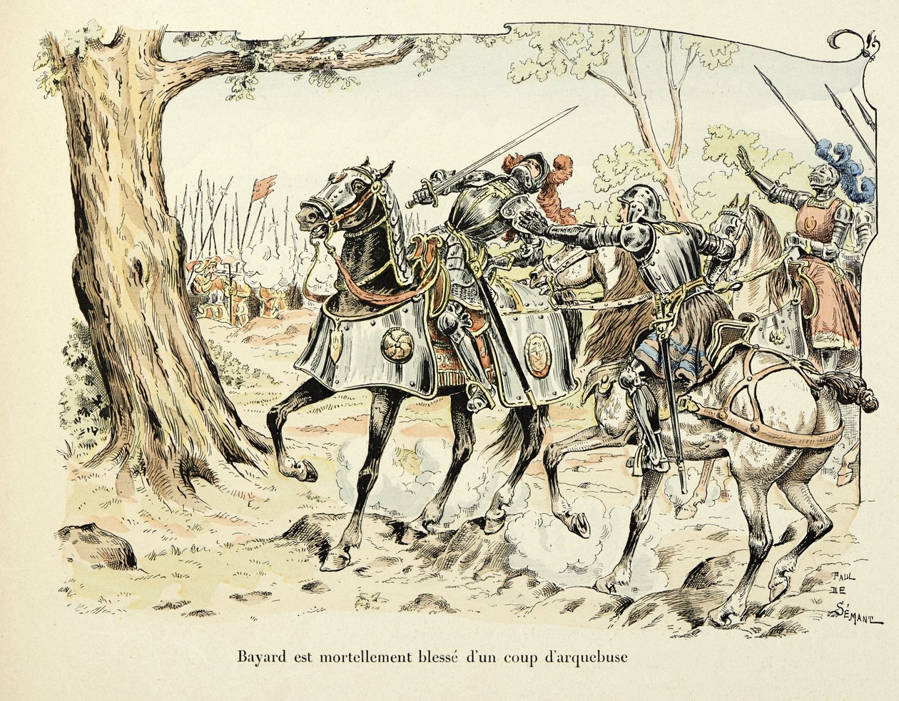 Illustration taget fra bogen "Histoire du chevalier Bayard" af Theodore Cahu, illustreret af Paul De Semant (1855-1915): Bayard sår dødeligt med et skud arkebuse 1524 af Paul de Semant