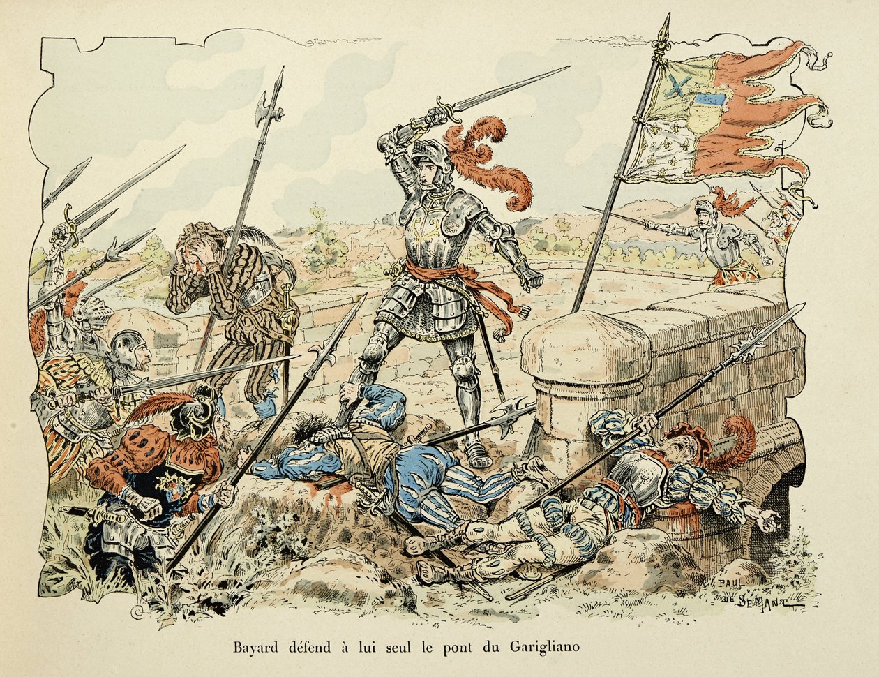 Illustration taget fra bogen "Histoire du chevalier Bayard" af Theodore Cahu, illustreret af Paul De Semant (1855-1915): Bayard forsvarer kun broen af Garigliano 1504 af Paul de Semant