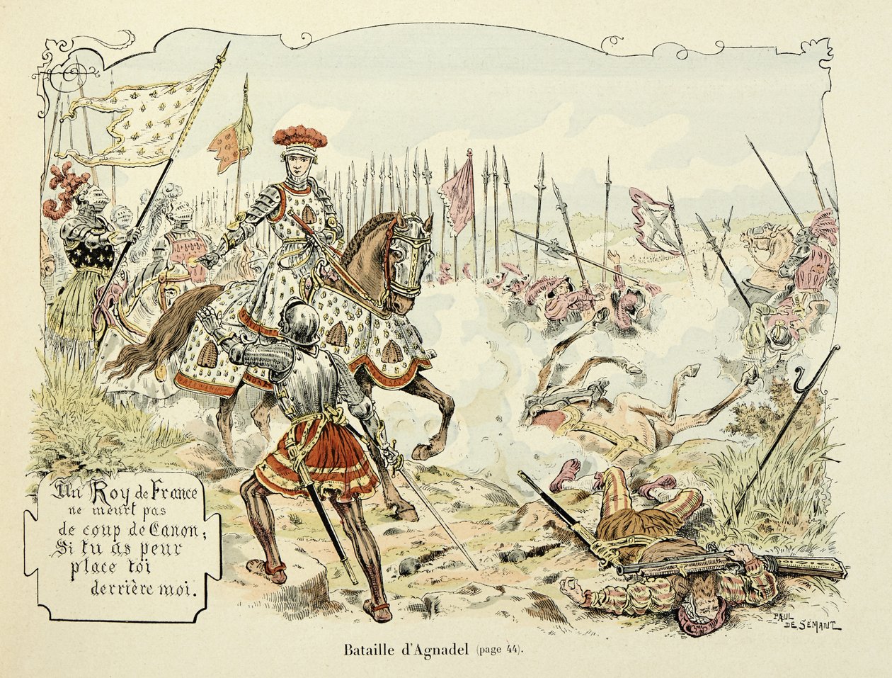Illustration taget fra bogen "Histoire du chevalier Bayard" af Theodore Cahu, illustreret af Paul De Semant (1855-1915): Slaget ved Agnadel 1509 af Paul de Semant