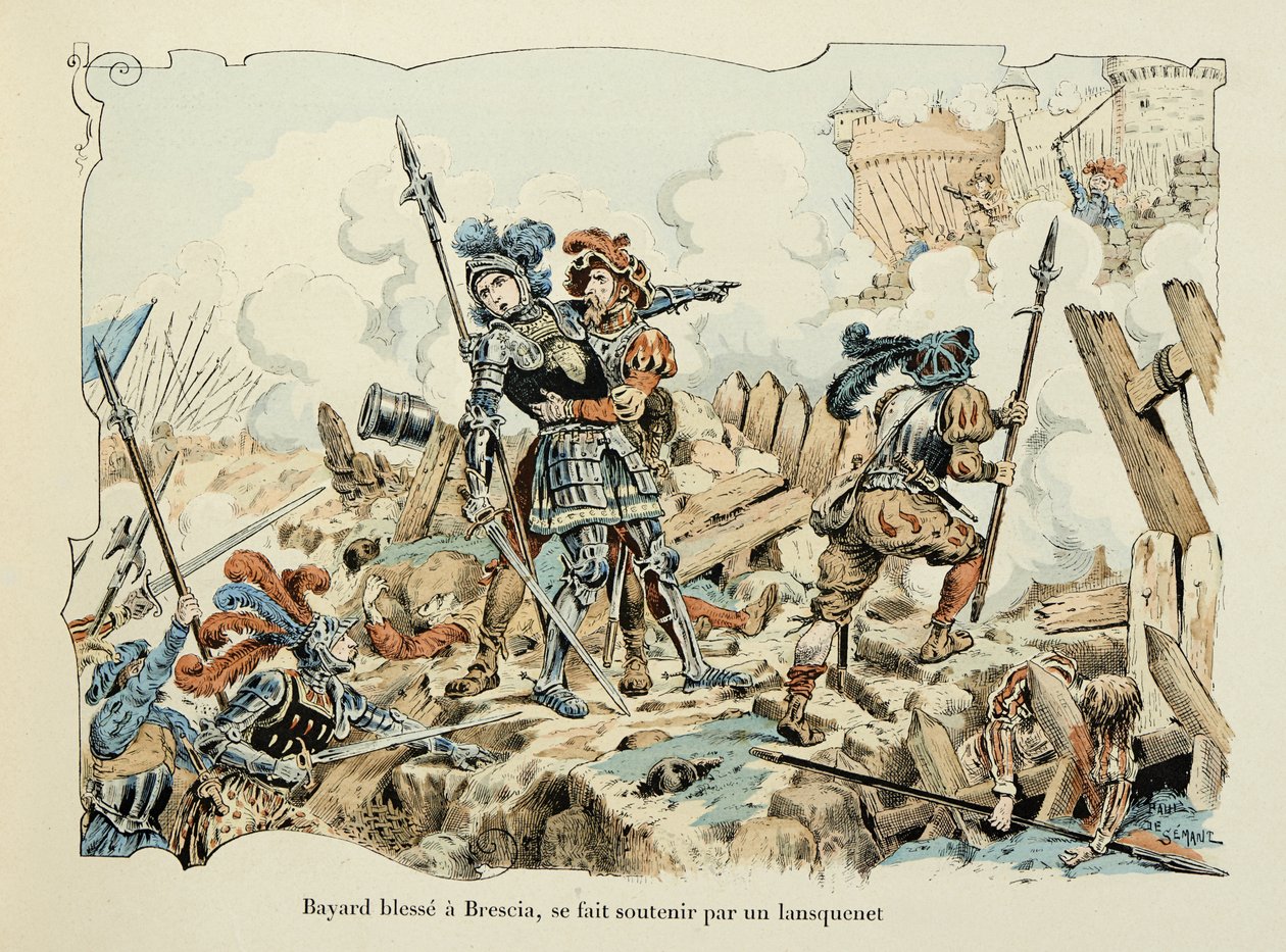 Illustration taget fra bogen "Histoire du chevalier Bayard" af Theodore Cahu, illustreret af Paul De Semant (1855-1915): Bayard sår en Brescia understøttet af et lansquenet 1512 af Paul de Semant