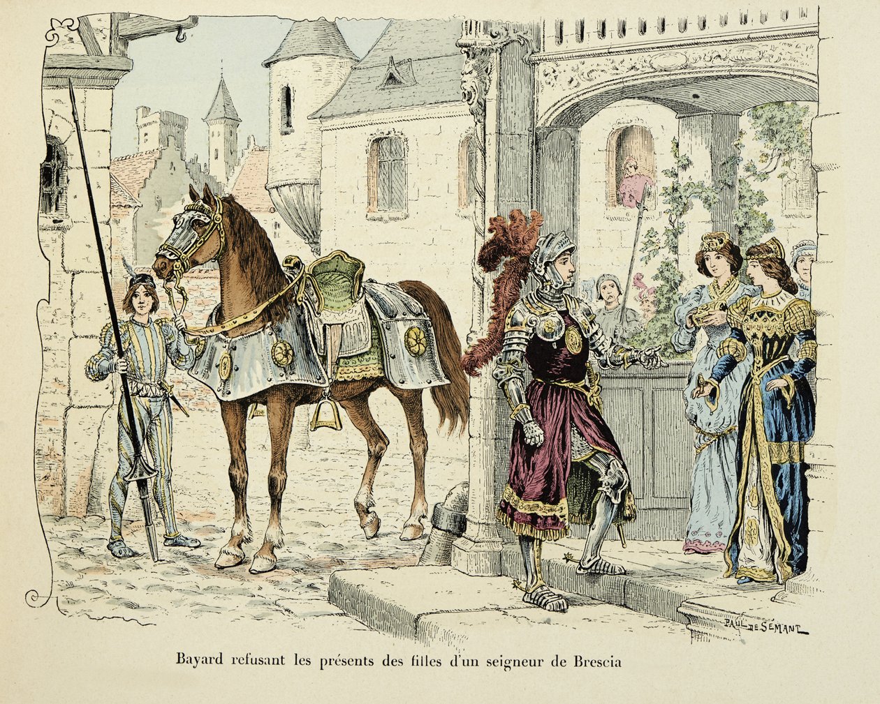 Illustration taget fra bogen "Histoire du chevalier Bayard" af Theodore Cahu, illustreret af Paul De Semant (1855-1915): Bayard nægtede gaver fra døtrene til en herre af Brescia 1512 af Paul de Semant